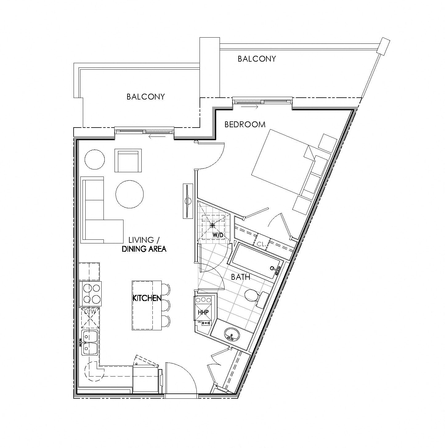 Floor plan for 1 bed, 1 bath, 659 sqft