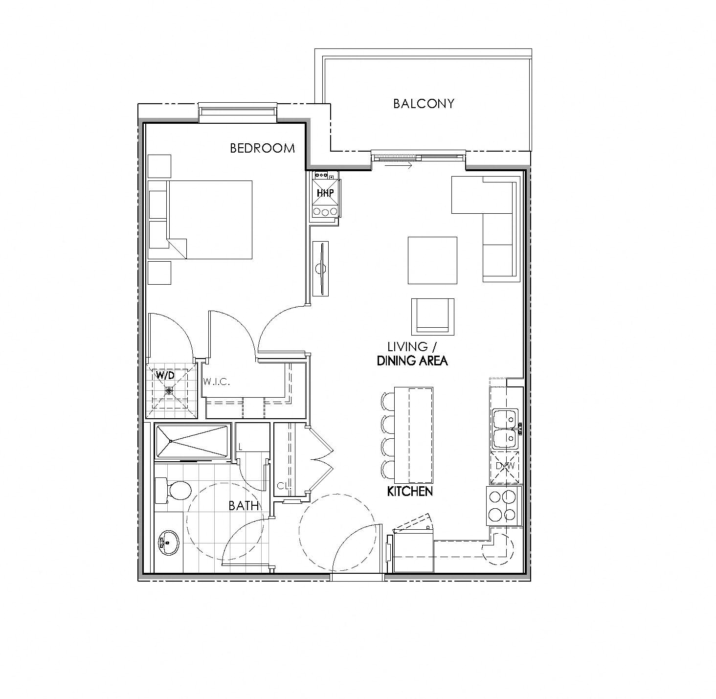 Floor plan for 1 bed, 1 bath, 725 sqft