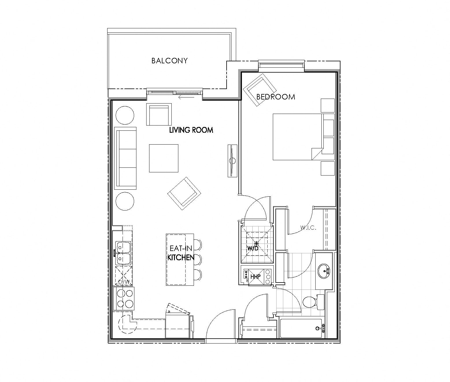 Floor plan for 1 bed, 1 bath, 725 sqft