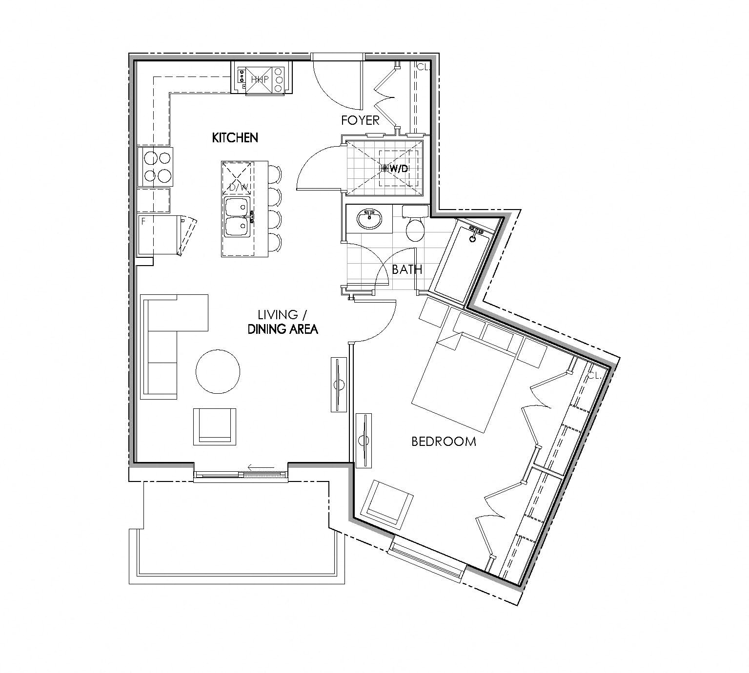 Floor plan for 1 bed, 1 bath, 752 sqft