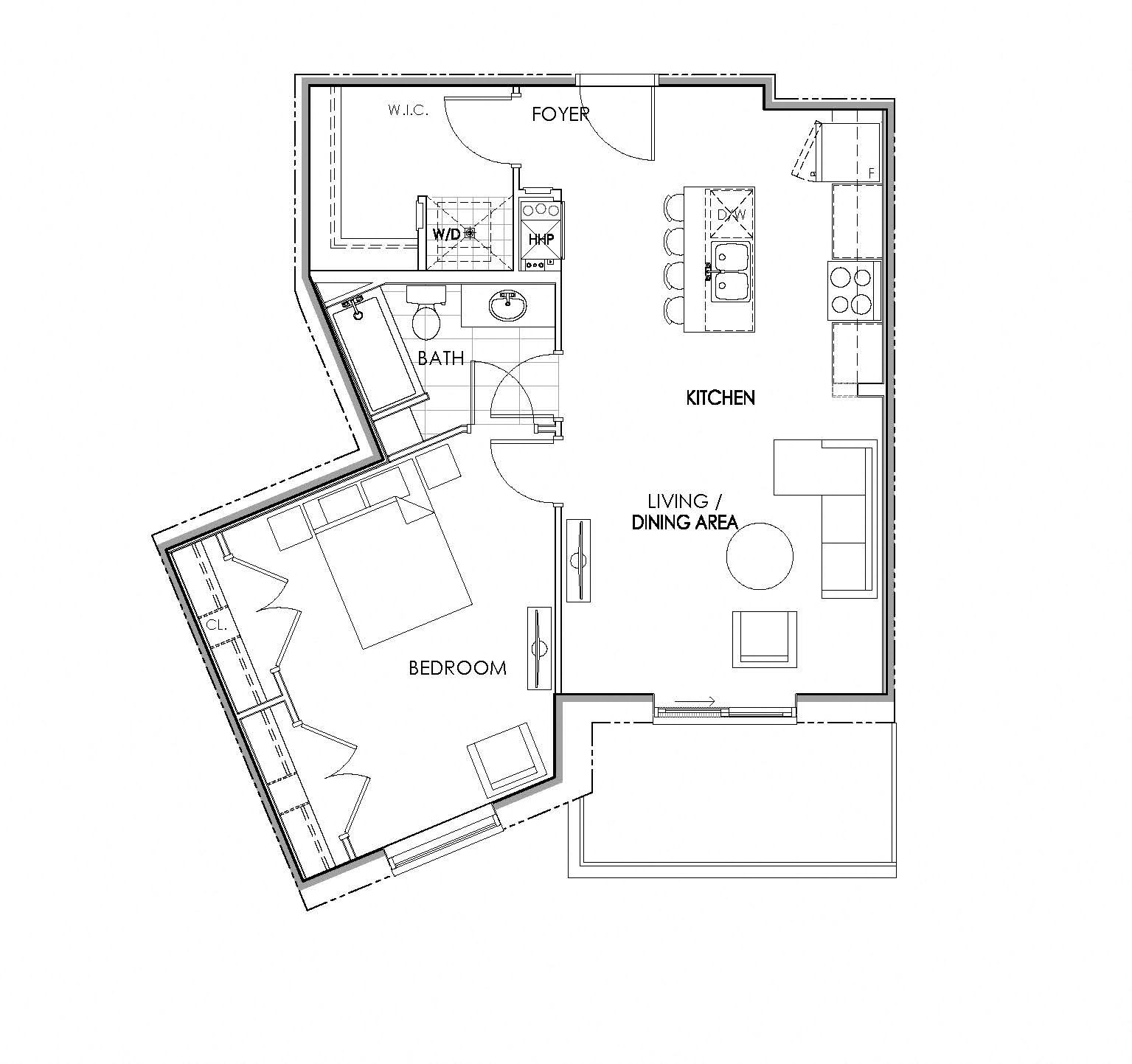 Floor plan for 1 bed, 1 bath, 802 sqft