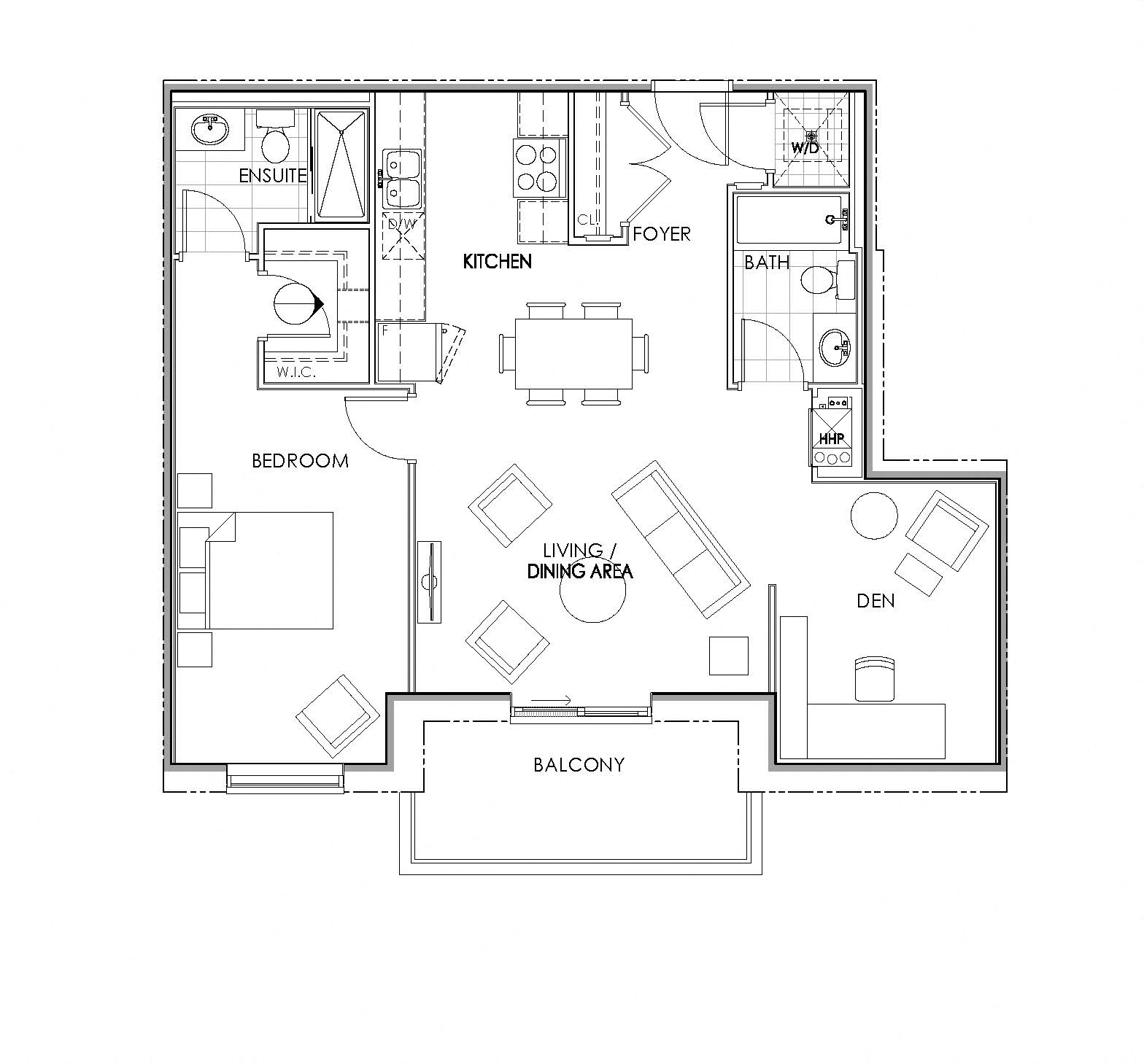 Floor plan for 1 bed, 2 baths