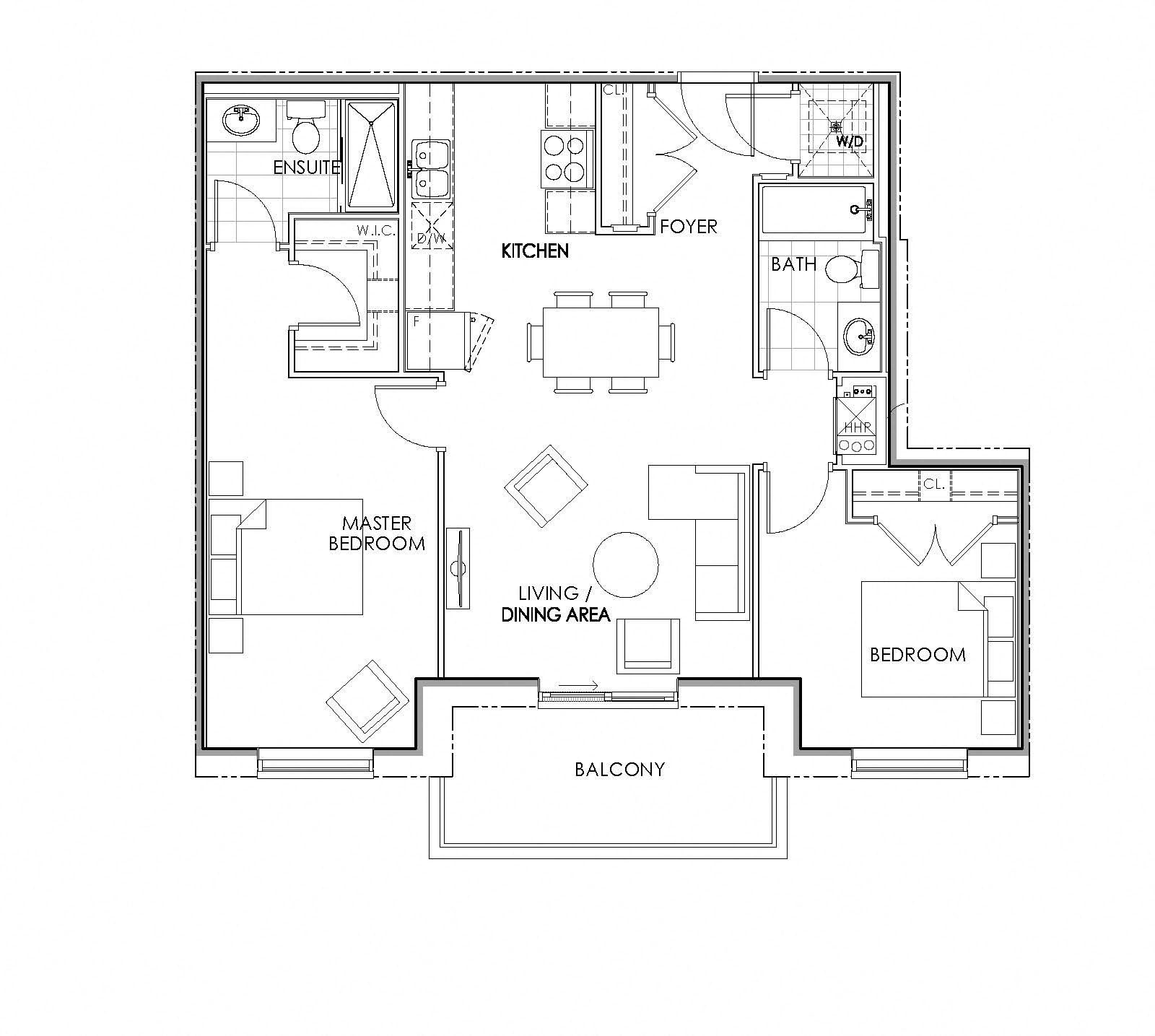 Floor plan for 2 beds, 2 baths, 970 sqft