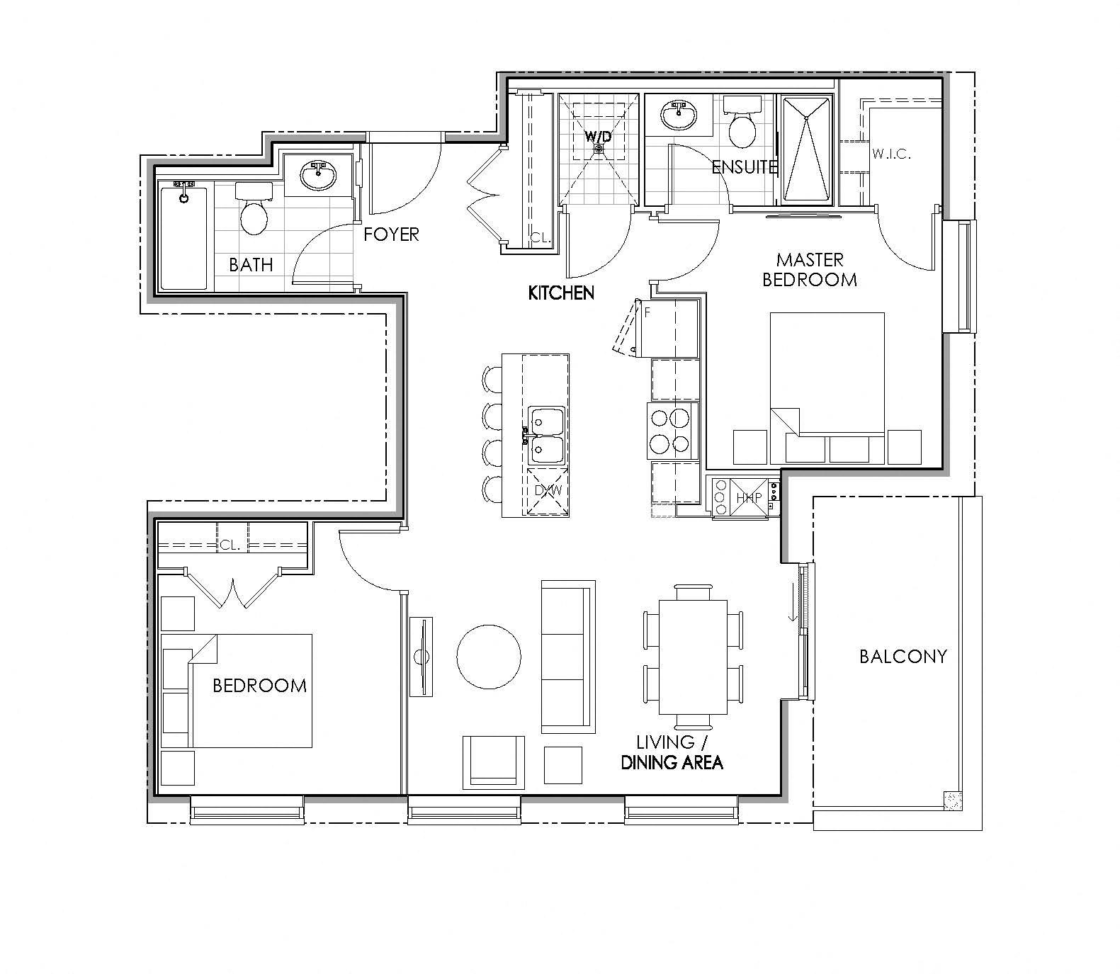 Floor plan for 2 beds, 2 baths, 975 sqft