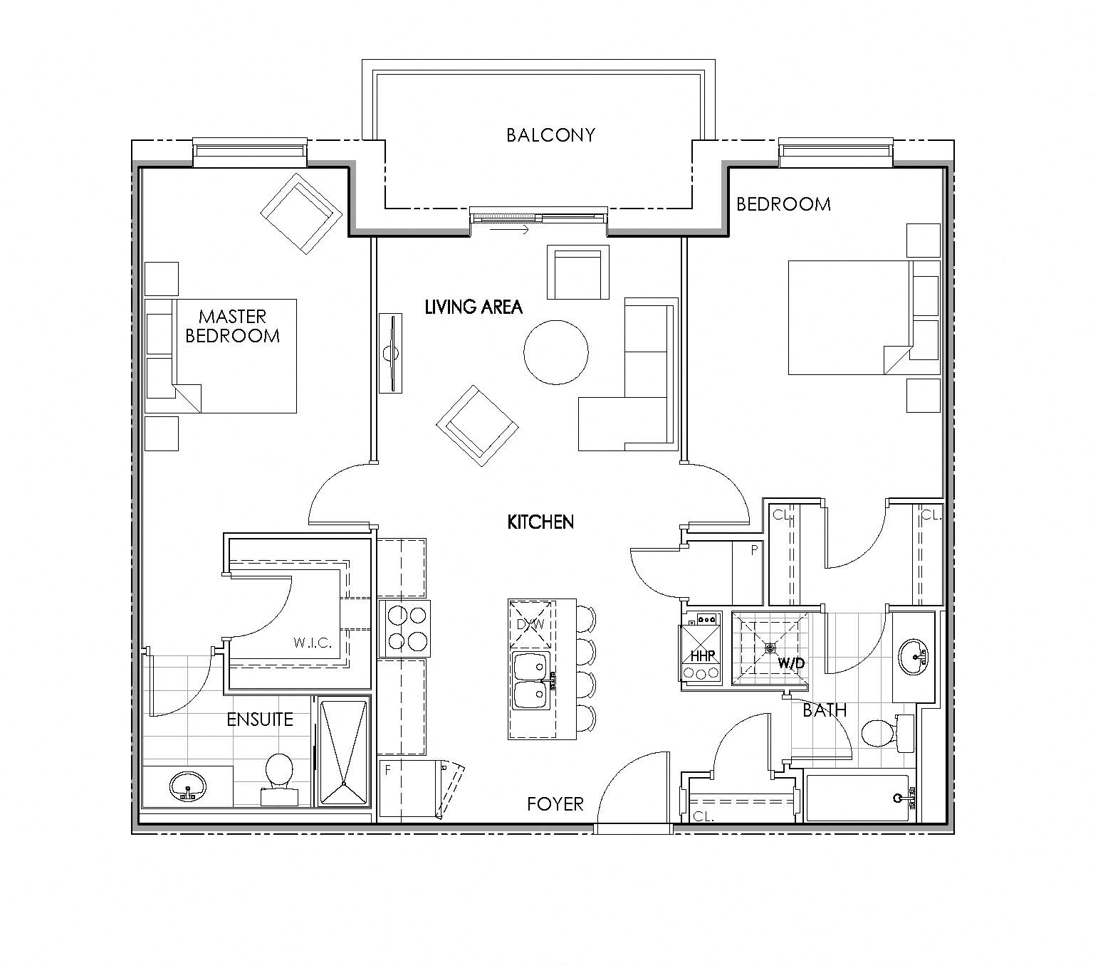Floor plan for 2 beds, 2 baths, 1058 sqft