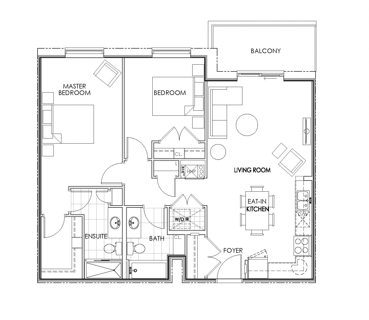 Floor plan for 2 beds, 2 baths, 1061 sqft
