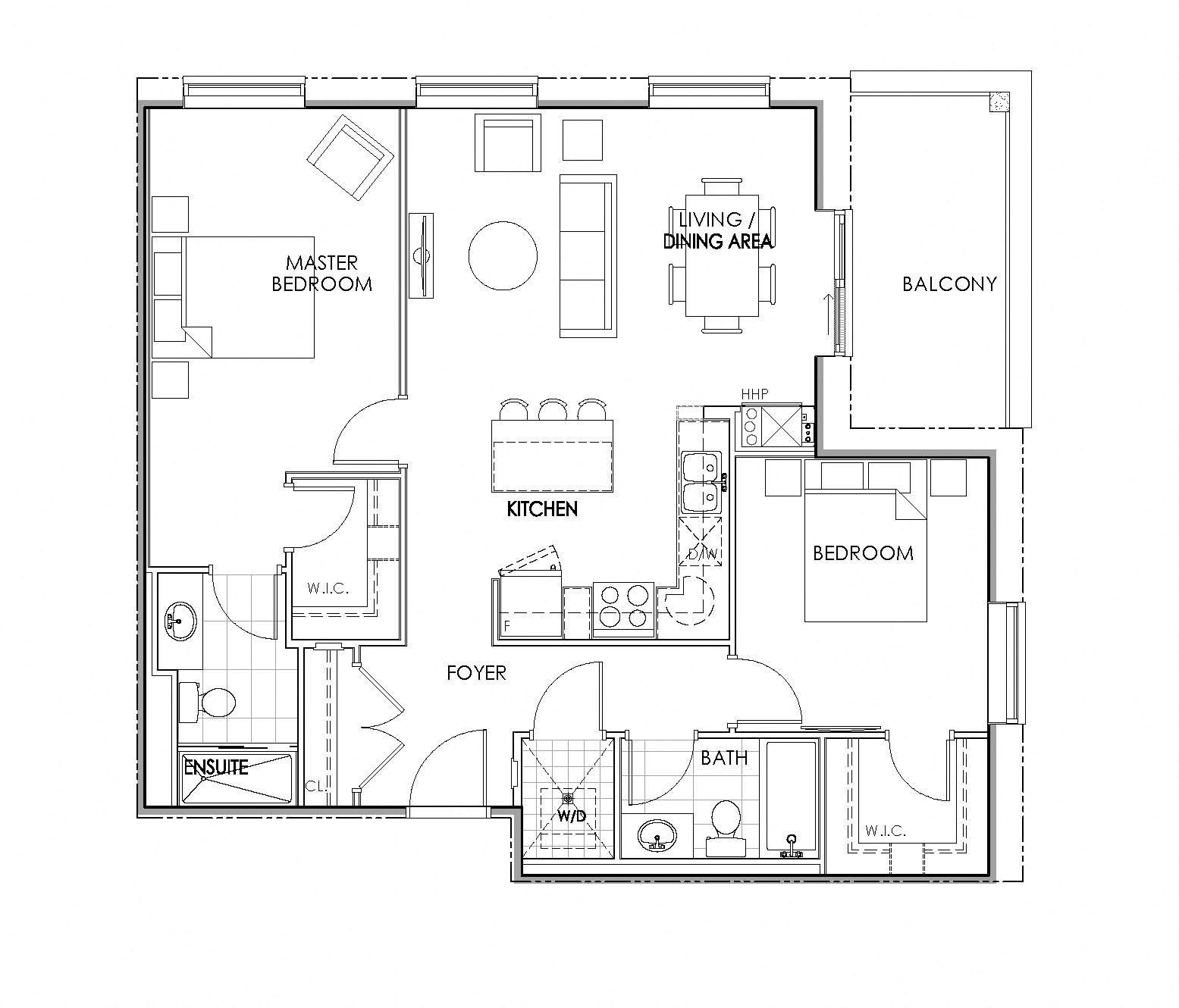 Floor plan for 2 beds, 2 baths, 1072 sqft
