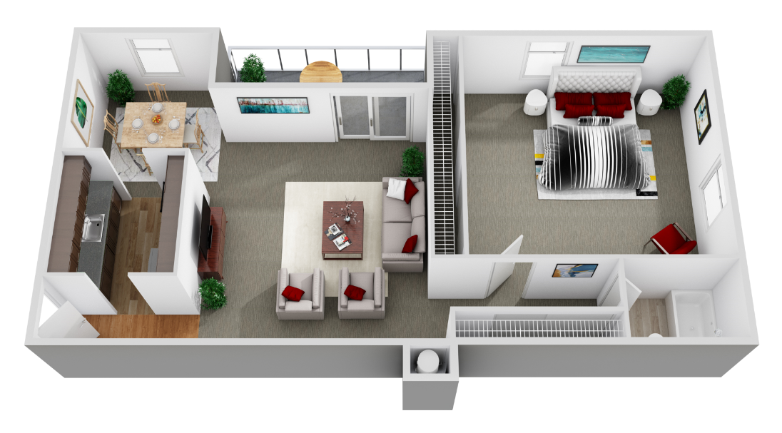Floor plan for 1 bed, 1 bath, 748 sqft