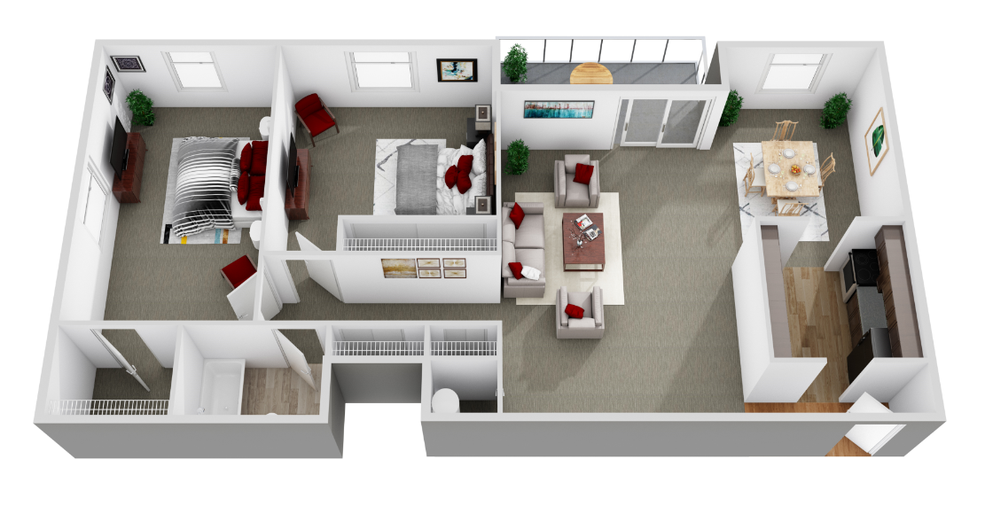 Floor plan for 2 beds, 1 bath, 967 sqft