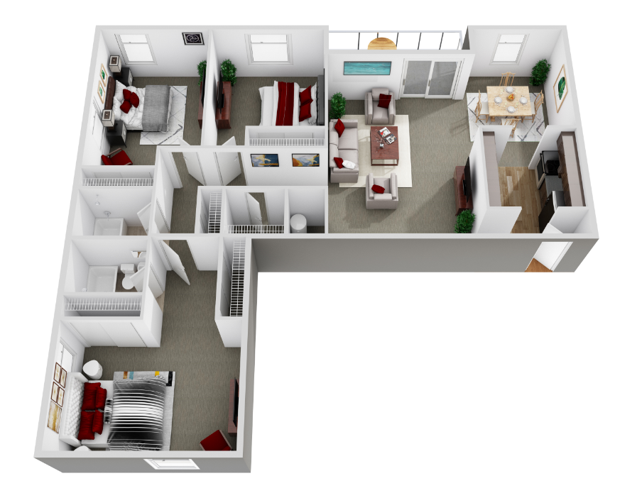Floor plan for 3 beds, 2 baths, 1282 sqft