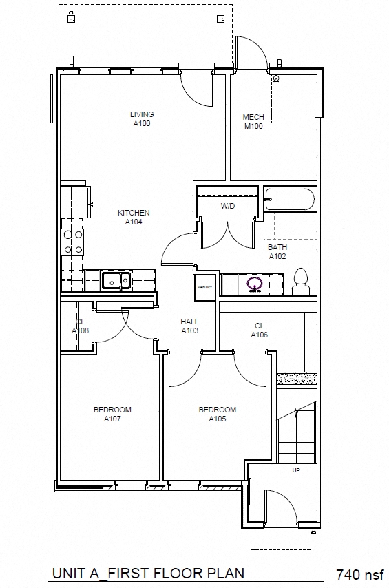 Floor plan for 2 beds, 1 bath, 740 sqft