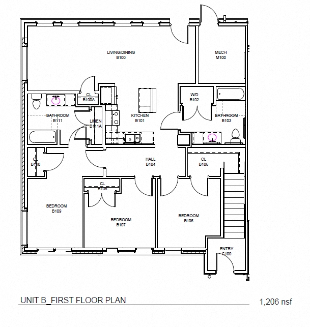 Floor plan for 3 beds, 2 baths, 1206 sqft
