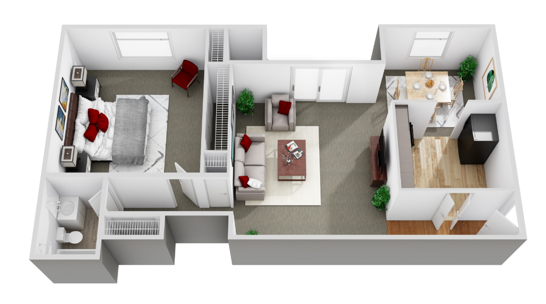 Floor plan for 1 bed, 1 bath, 724 sqft