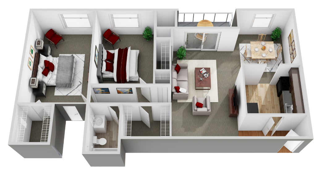Floor plan for 2 beds, 1 bath, 842 sqft