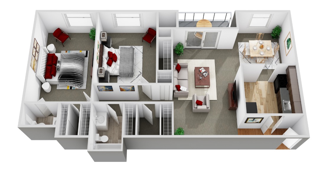 Floor plan for 2 beds, 1.5 baths, 842 sqft