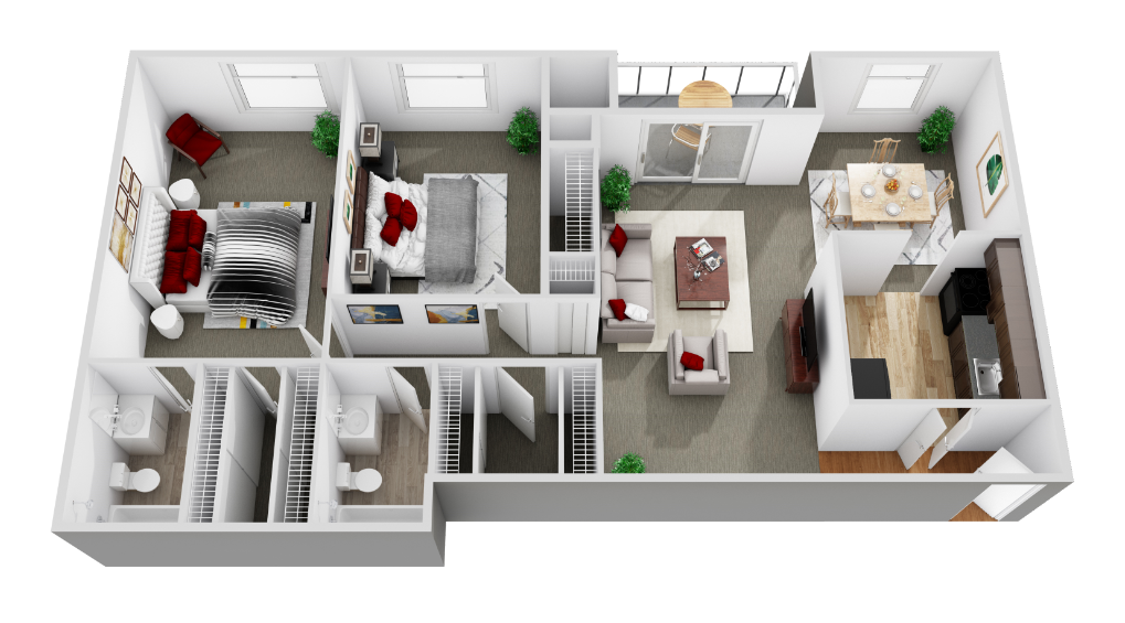 Floor plan for 2 beds, 2 baths, 842 sqft