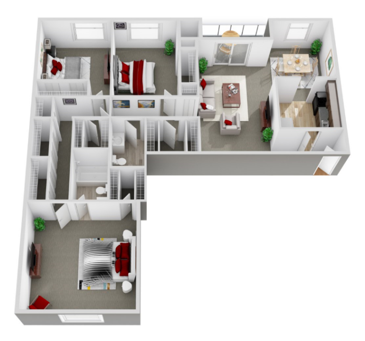 Floor plan for 3 beds, 2 baths, 1067 sqft