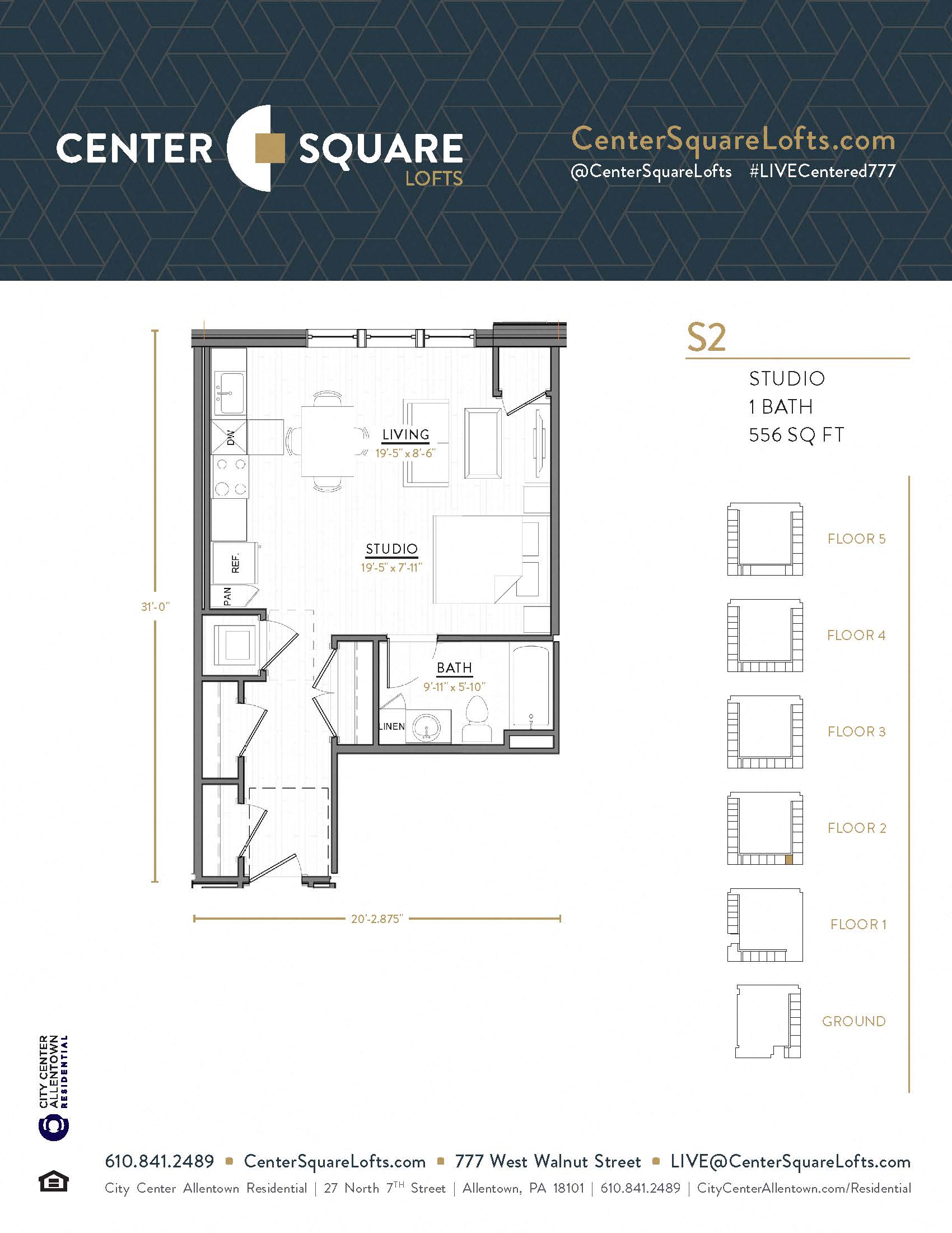 Floor plan for studio, 1 bath, 556 sqft