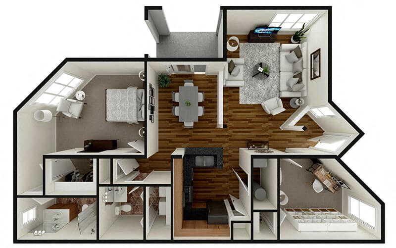 Floor plan for 1 bed, 1.5 baths, 986 sqft
