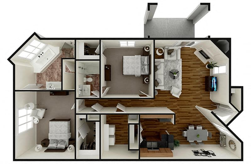 Floor plan for 2 beds, 2 baths, 1340 sqft