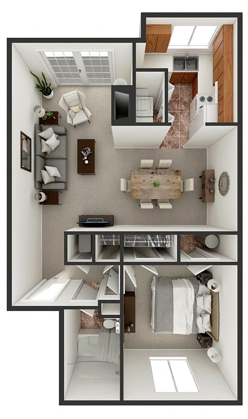 Floor plan for 1 bed, 1 bath, 700 sqft