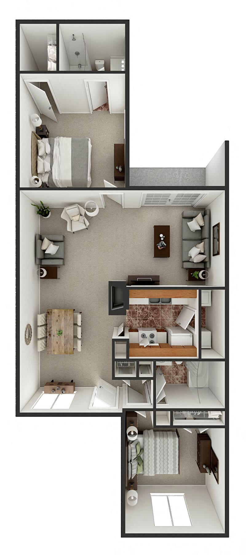 Floor plan for 2 beds, 2 baths, 1050 sqft