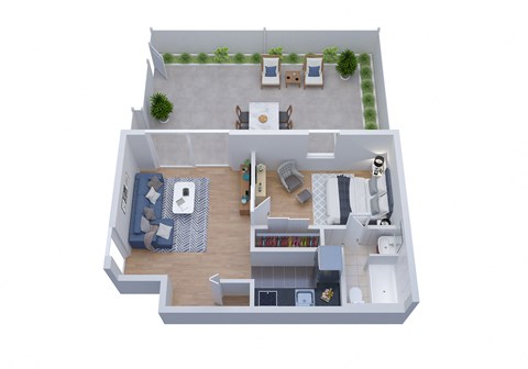 Floor plan for 1 bed, 1 bath, 652 sqft