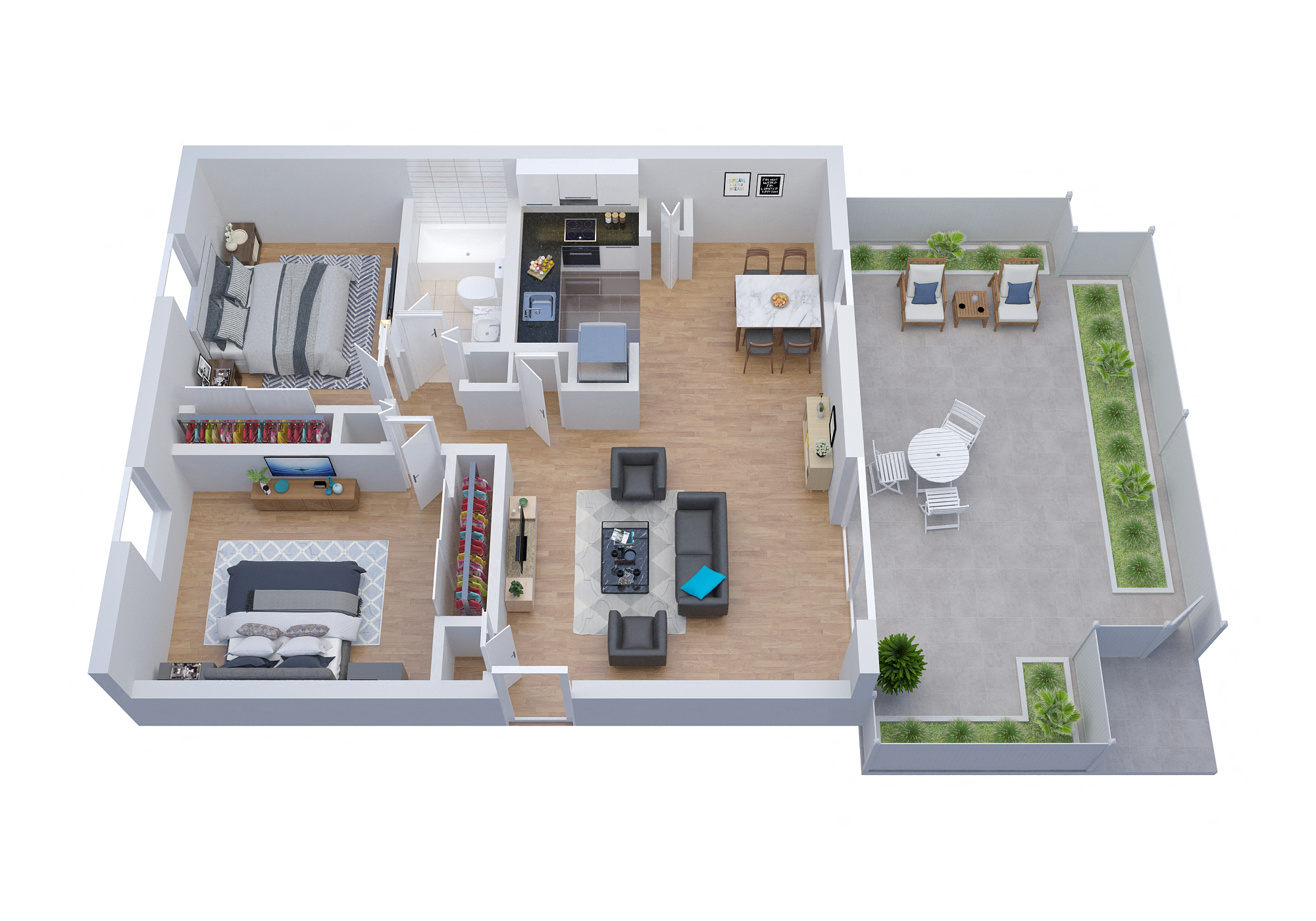 Floor plan for 2 beds, 1 bath, 1037 sqft