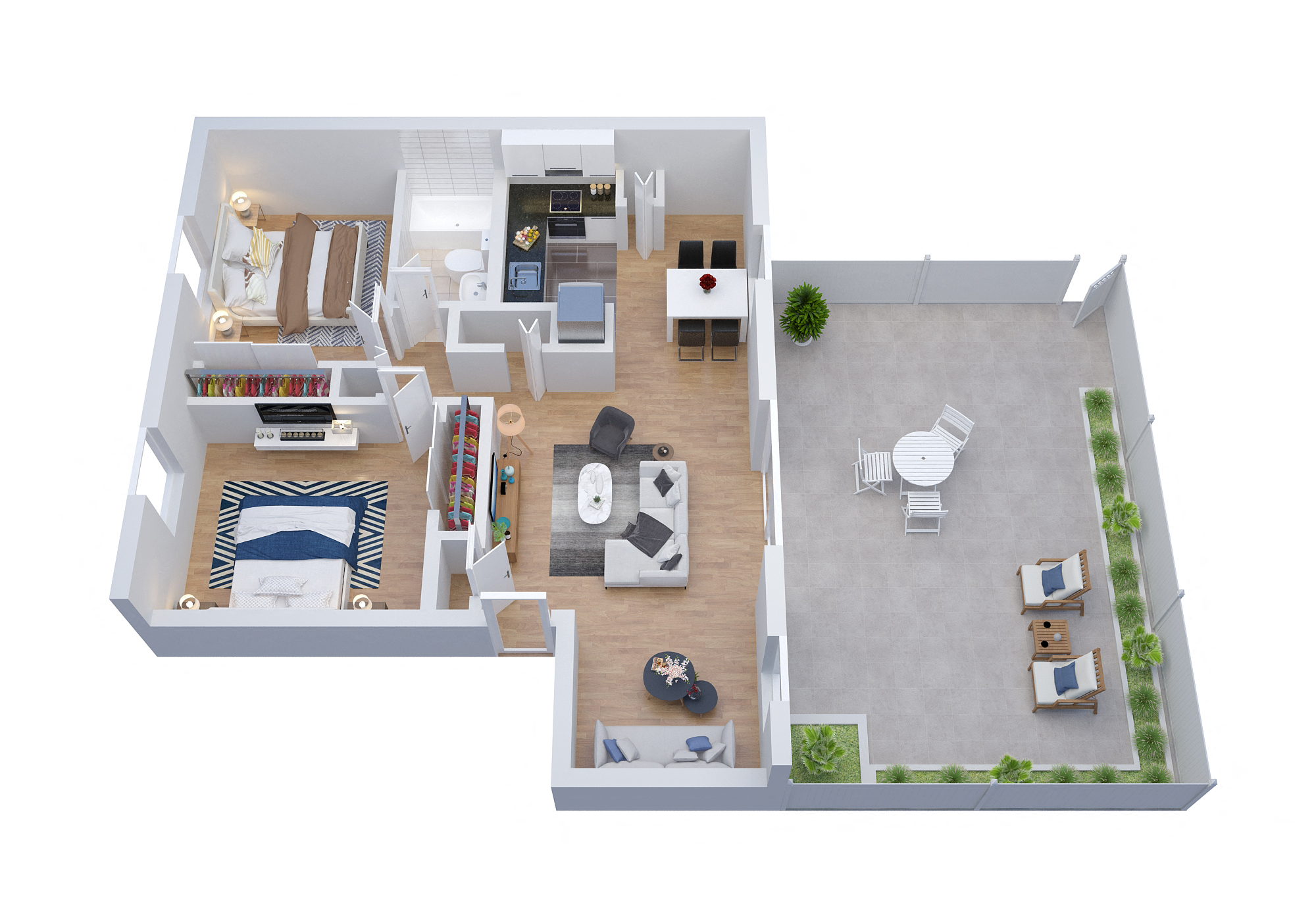 Floor plan for 2 beds, 1 bath, 1077 sqft