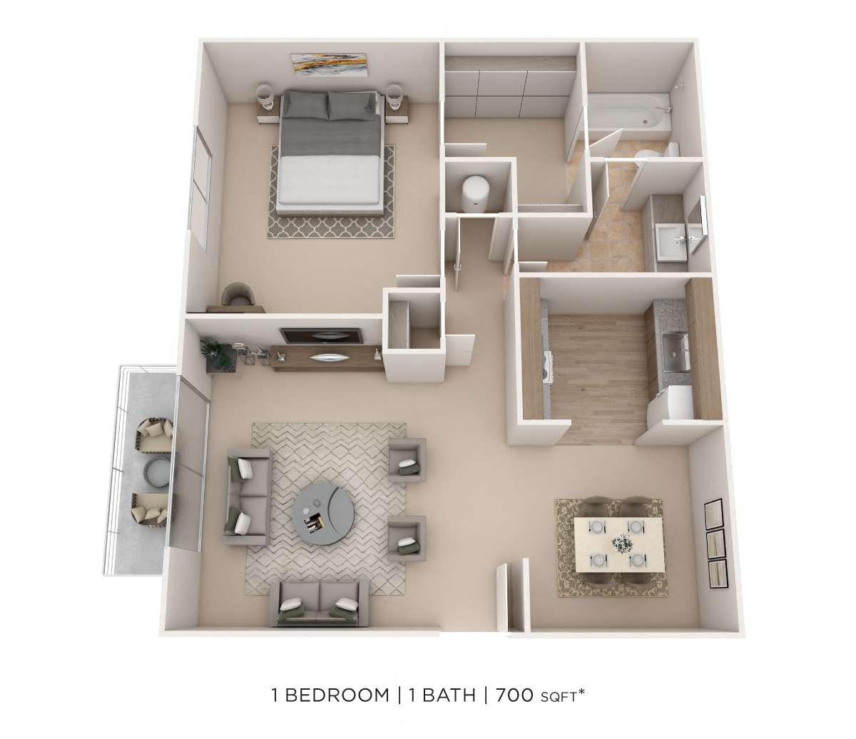 Floor plan for 1 bed, 1 bath, 700 sqft