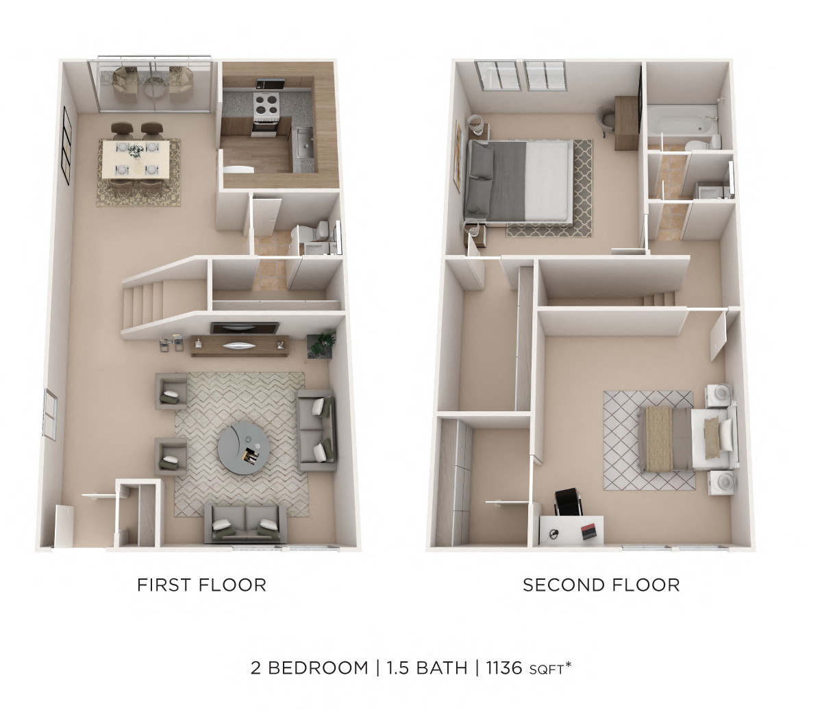 Floor plan for 2 beds, 1.5 baths, 1250 sqft