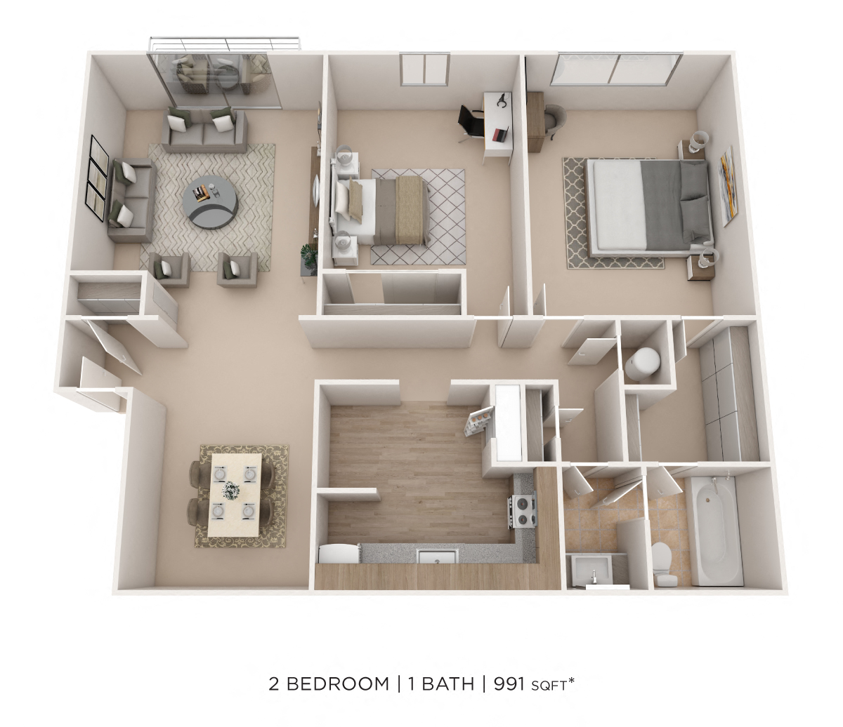 Floor plan for 2 beds, 1 bath, 991 sqft