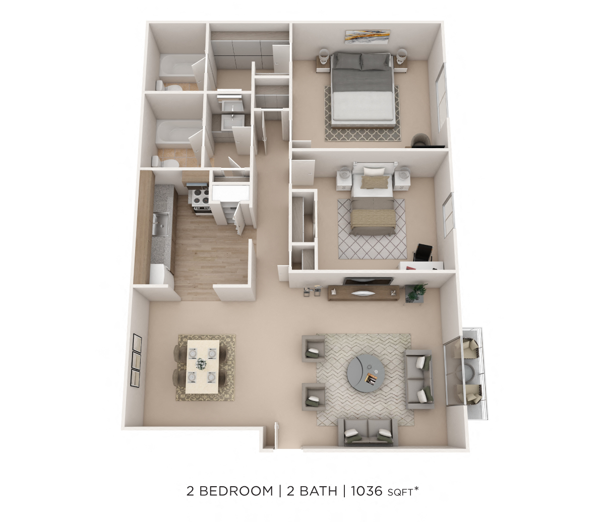 Floor plan for 2 beds, 2 baths, 1036 sqft