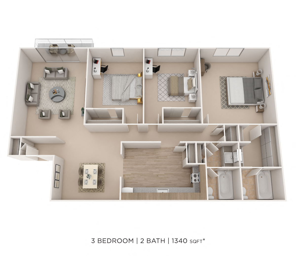 Floor plan for 3 beds, 2 baths, 1340 sqft