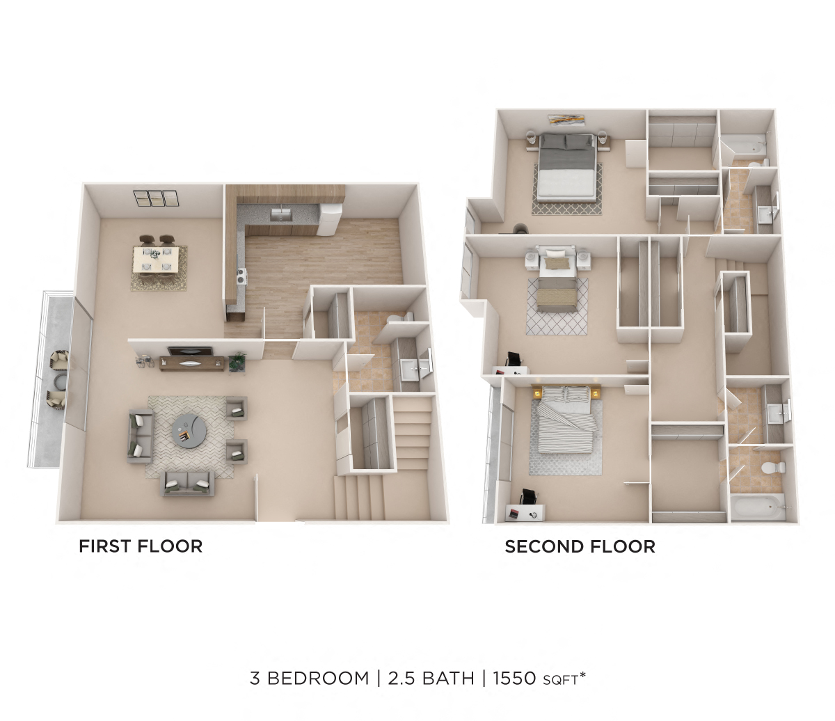 Floor plan for 3 beds, 2.5 baths, 1550 sqft