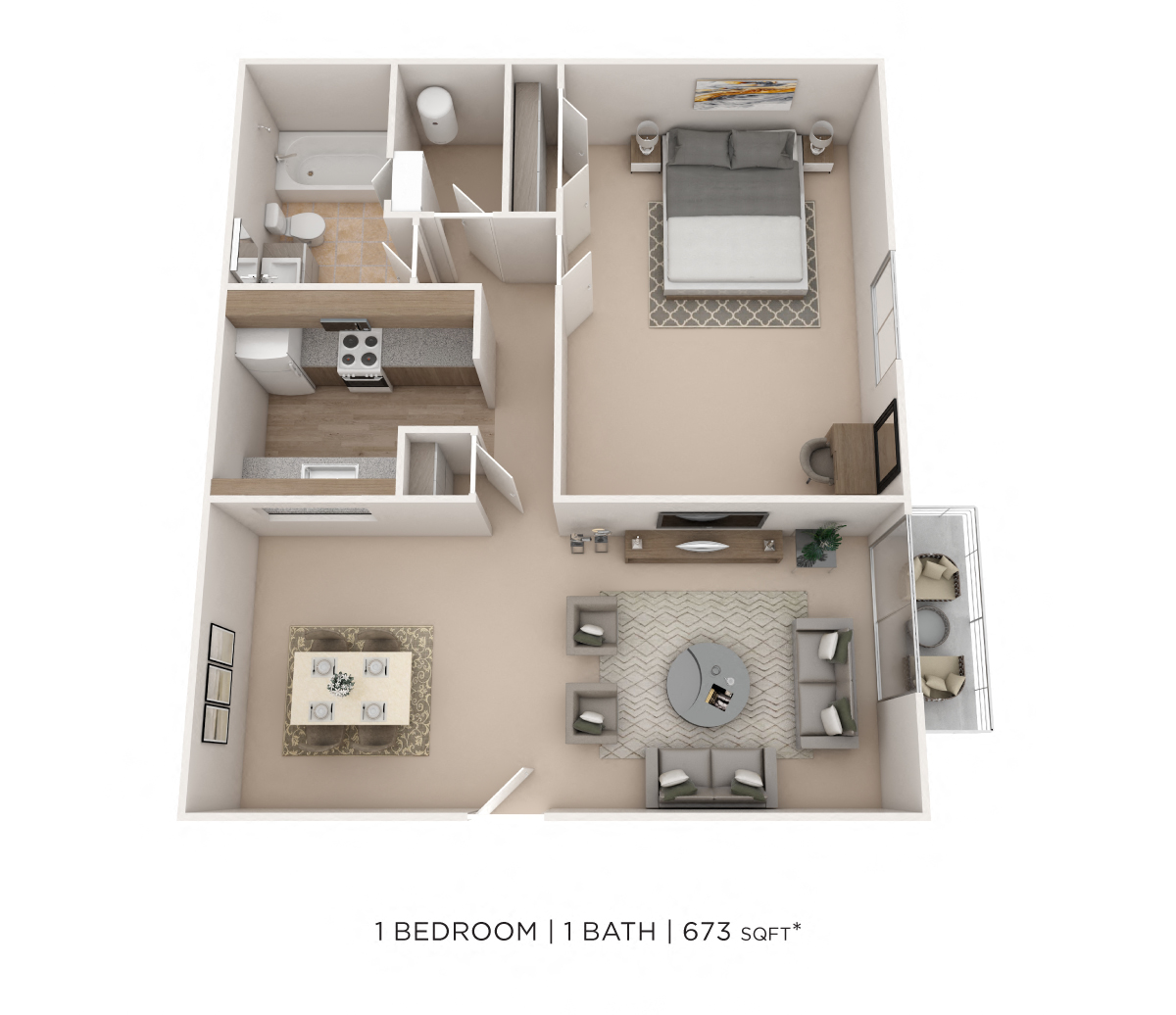 Floor plan for 1 bed, 1 bath, 673 sqft