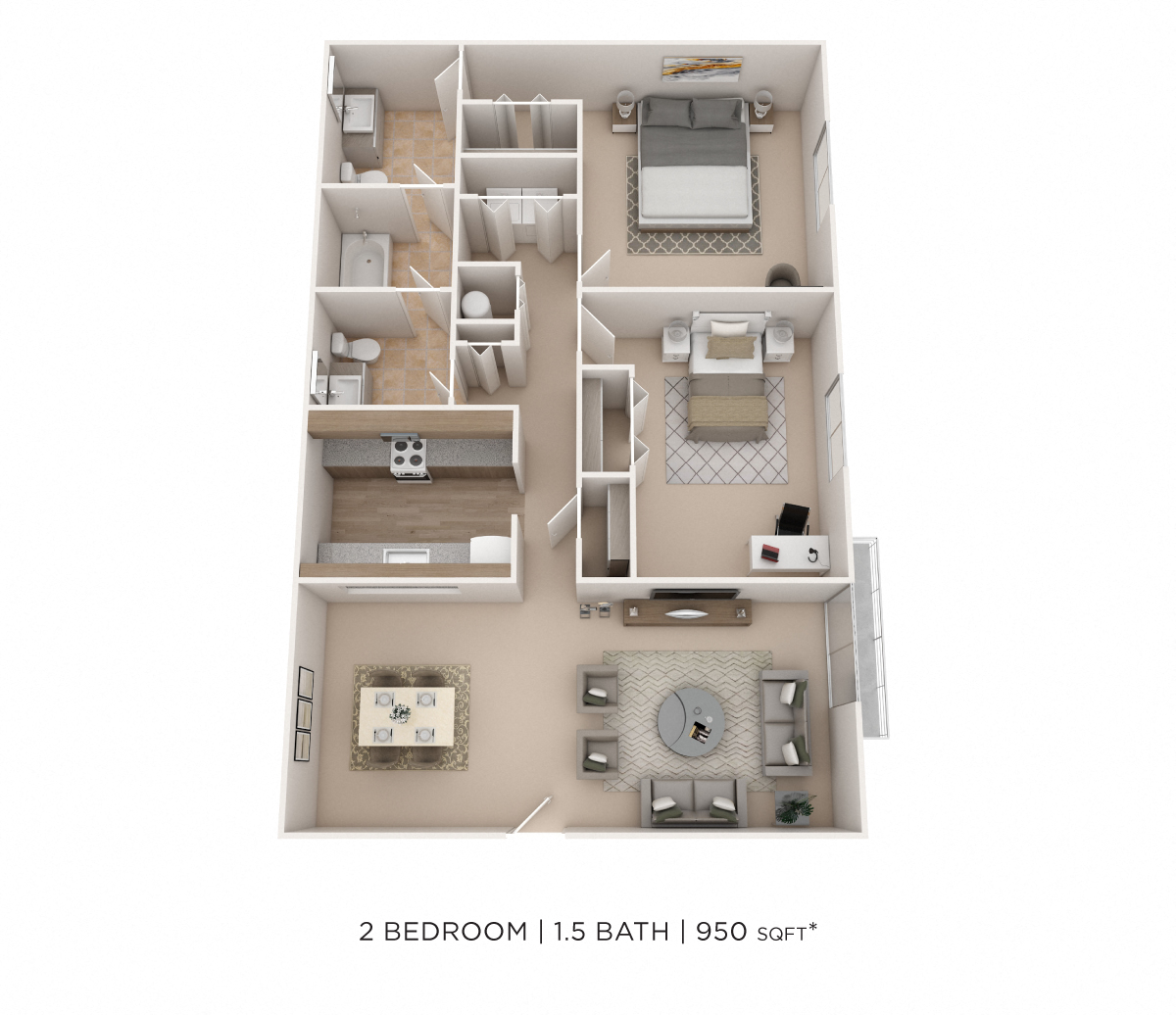 Floor plan for 2 beds, 1.5 baths, 950 sqft