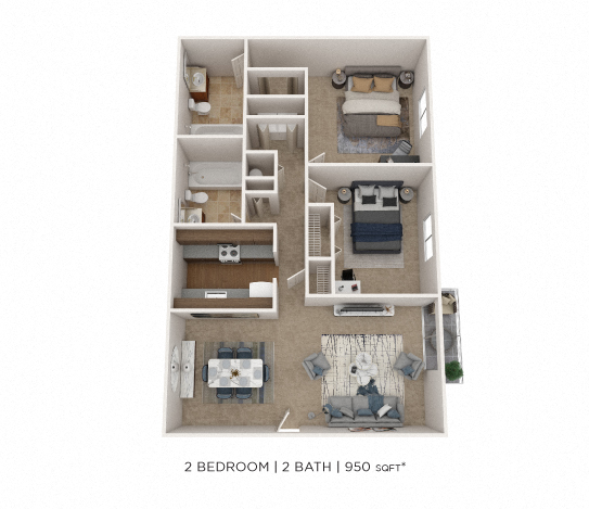 Floor plan for 2 beds, 2 baths, 950 sqft