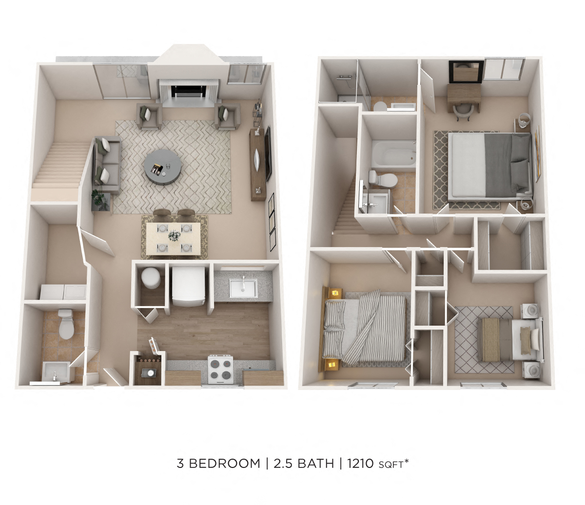Floor plan for 3 beds, 2.5 baths, 1210 sqft