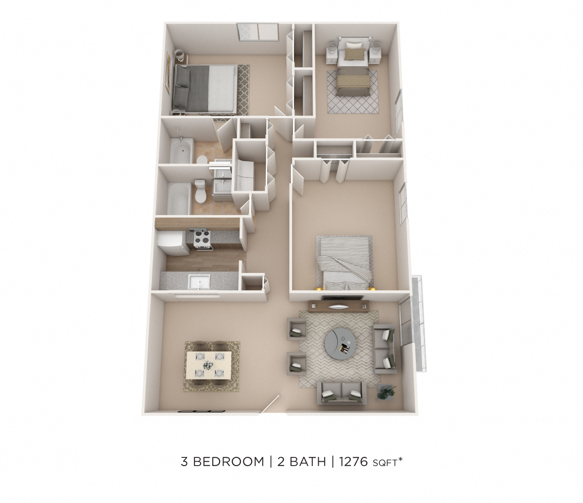 Floor plan for 3 beds, 2 baths, 1276 sqft