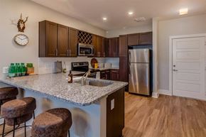Savannah apartment for rent - a kitchen with a granite counter top and a stainless steel refrigerator