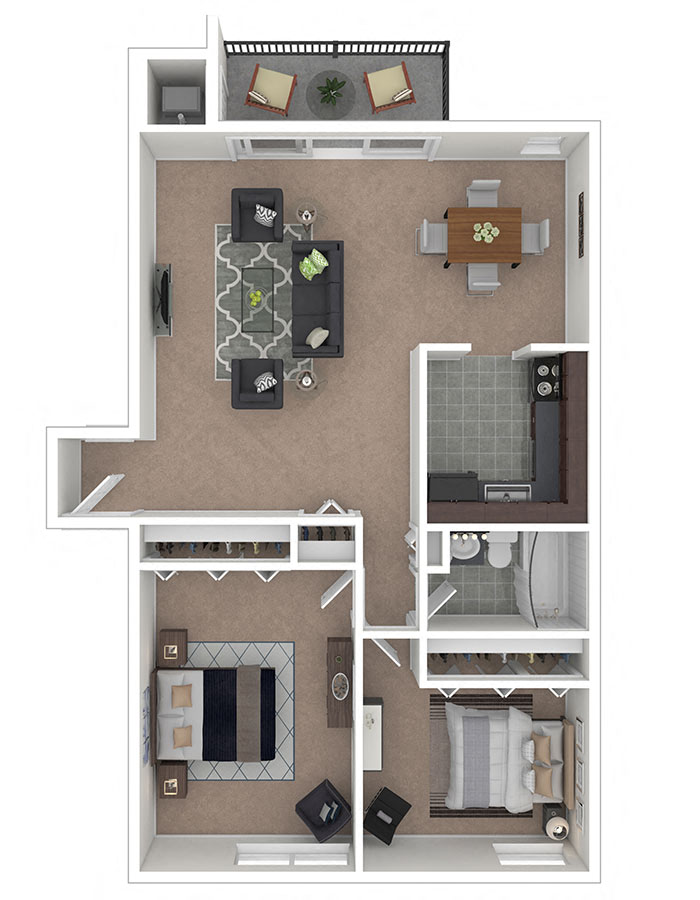 Floor plan for 2 beds, 1 bath, 875 sqft
