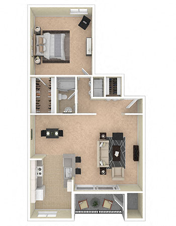 Floor plan for 1 bed, 1 bath, 984 sqft