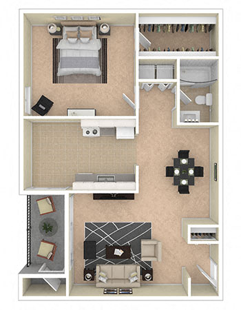 Floor plan for 1 bed, 1 bath, 893 sqft