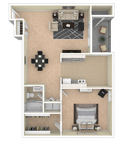 Floor plan for 1 bed, 1 bath, 893 sqft
