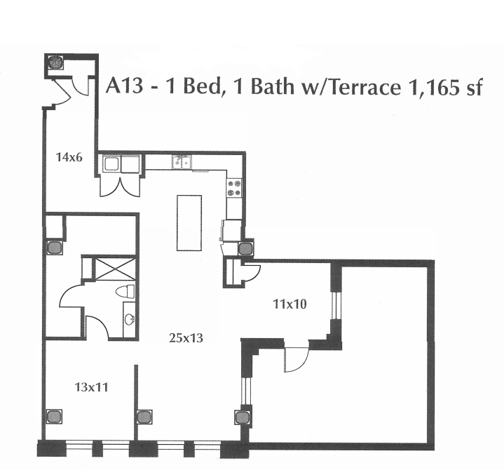 Floor plan for 1 bed, 1 bath, 1165 sqft