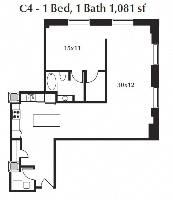 Floor plan for 1 bed, 1 bath, 1081 sqft