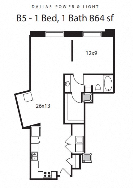 Floor plan for 1 bed, 1 bath, 864 sqft