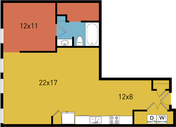 Floor plan for 1 bed, 1 bath, 869 sqft