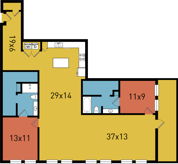 Floor plan for 2 beds, 2 baths, 1672 sqft